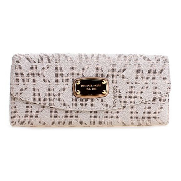 Michael Kors Jet Set Slim Flap Wallet Vanilla Monogram Leather Clutch Purse - Picture 1 of 11